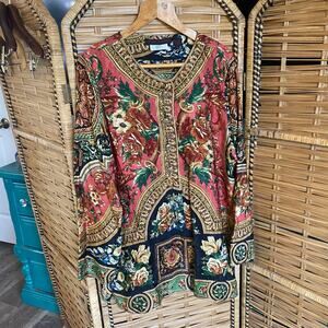 Vintage Jerri Sherman 100% Silk Floral Baroque Tunic Top Blouse 16 Gumps Boho